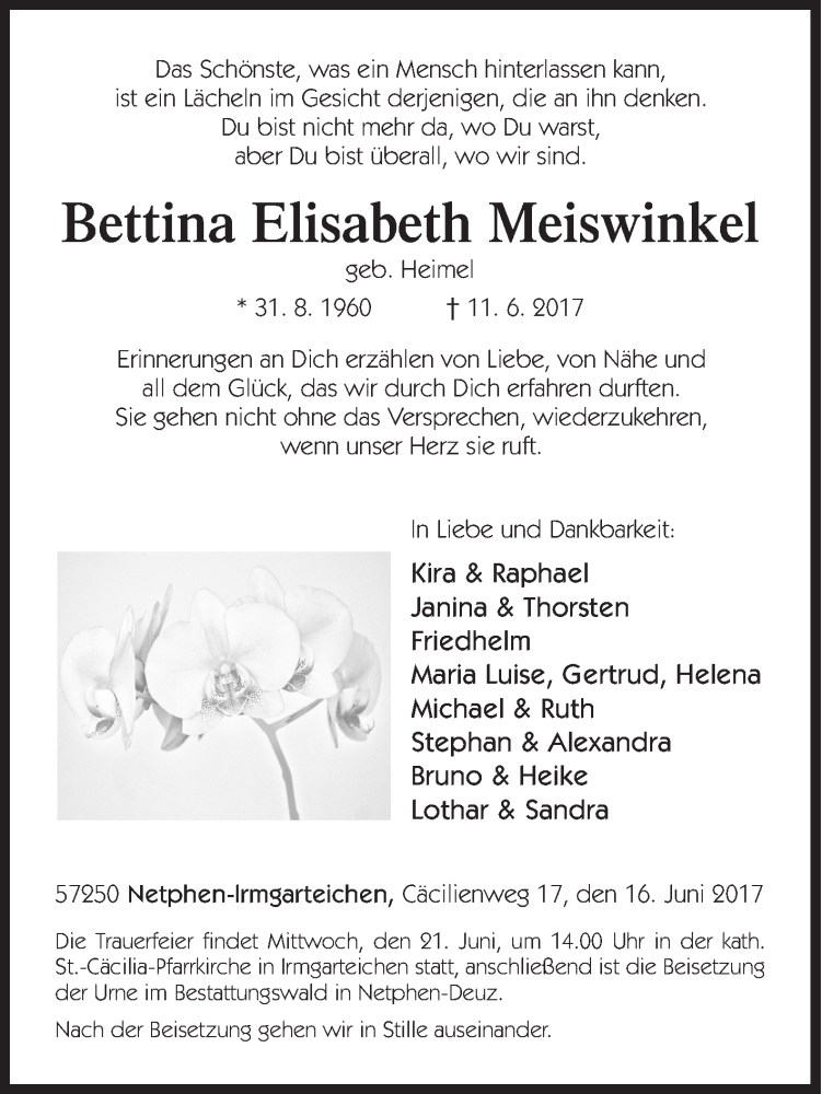  Traueranzeige für Bettina Elisabeth Meiswinkel vom 16.06.2017 aus Siegener Zeitung