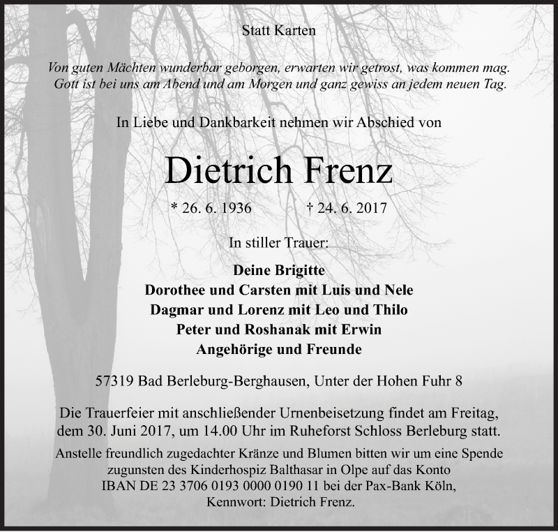  Traueranzeige für Dietrich Frenz vom 27.06.2017 aus Siegener Zeitung