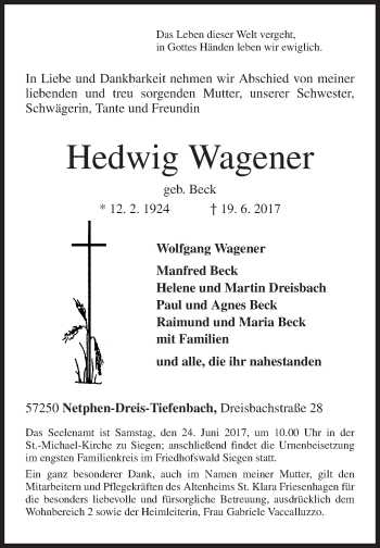 Traueranzeige von Hedwig Wagener von Siegener Zeitung