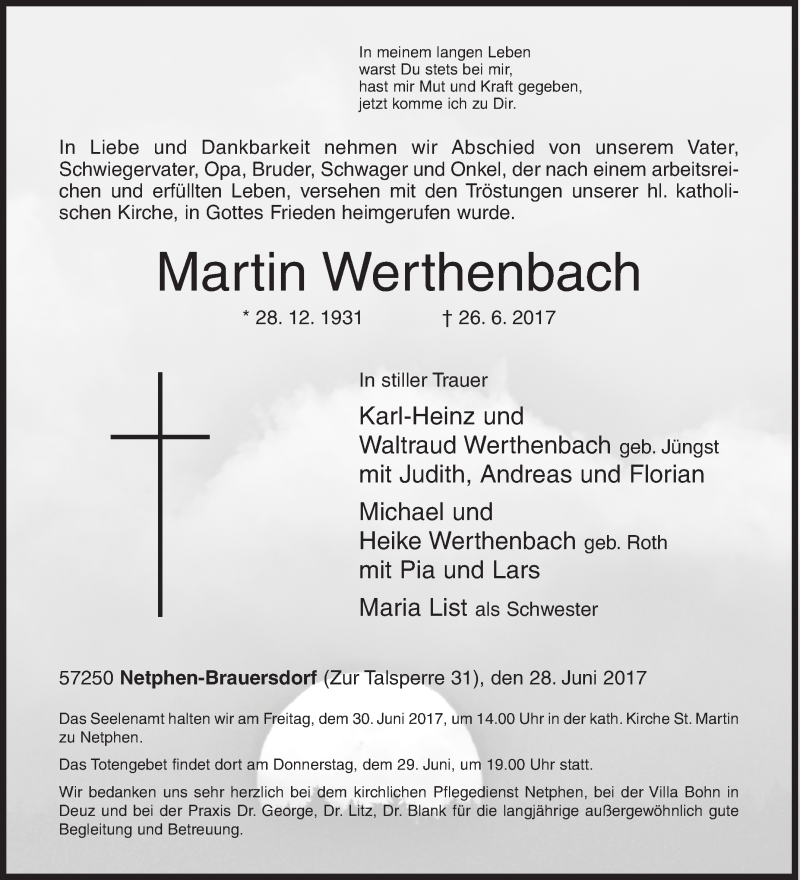  Traueranzeige für Martin Werthenbach vom 28.06.2017 aus Siegener Zeitung