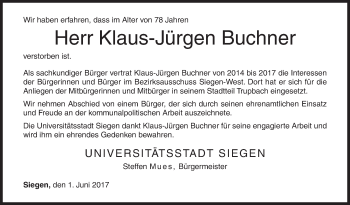 Traueranzeige von Klaus-Jürgen Buchner von Siegener Zeitung