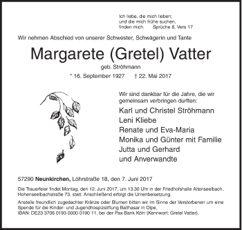 Traueranzeige von Margarete Vatter von Siegener Zeitung