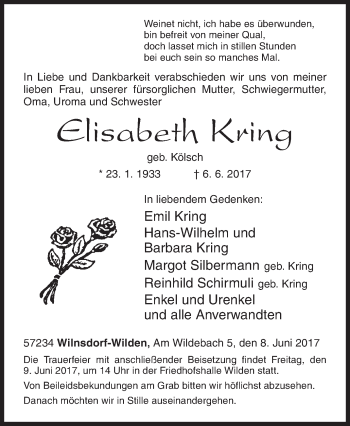 Traueranzeige von Elisabeth Kring von Siegener Zeitung