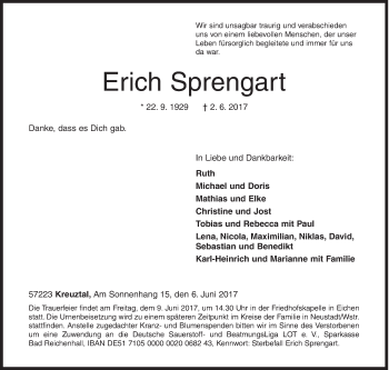 Traueranzeige von Erich Sprengart von Siegener Zeitung