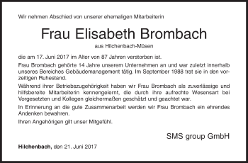 Traueranzeige von Elisabeth Brombach von Siegener Zeitung