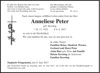 Traueranzeige von Anneliese Peter von Siegener Zeitung