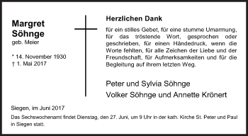 Traueranzeige von Margret Söhnge von Siegener Zeitung
