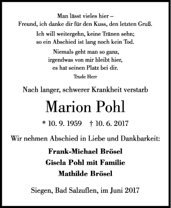 Traueranzeige von Marion Pohl von Siegener Zeitung