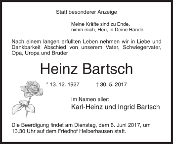 Traueranzeige von Heinz Bartsch von Siegener Zeitung