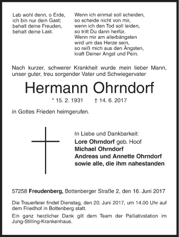 Traueranzeige von Hermann Ohrndorf von Siegener Zeitung