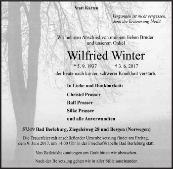 Traueranzeige von Wilfried Winter von Siegener Zeitung