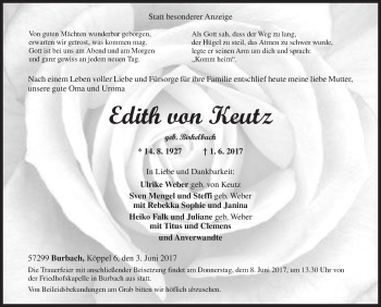 Traueranzeige von Edith von Keutz von Siegener Zeitung