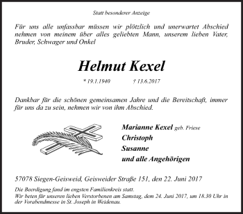 Traueranzeige von Helmut Kexel von Siegener Zeitung
