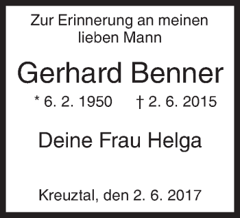 Traueranzeige von Gerhard Benner von Siegener Zeitung