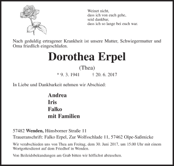 Traueranzeige von Dorothea Erpel von Siegener Zeitung