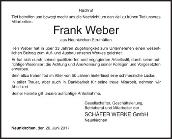 Traueranzeige von Frank Weber von Siegener Zeitung