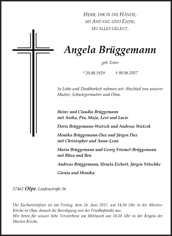 Traueranzeige von Angela Brüggemann von Siegener Zeitung