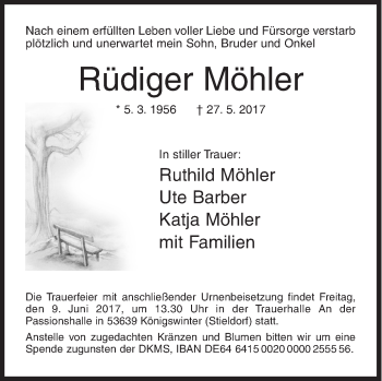 Traueranzeige von Rüdiger Möhler von Siegener Zeitung