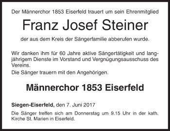 Traueranzeige von Franz Josef Steiner von Siegener Zeitung