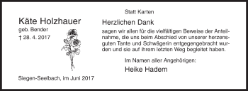 Traueranzeige von Käte Holzhauer von Siegener Zeitung