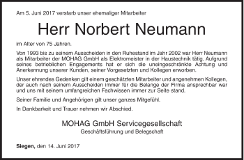 Traueranzeige von Norbert Neumann von Siegener Zeitung