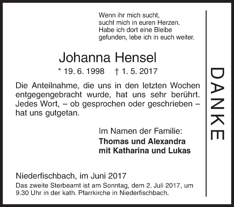  Traueranzeige für Johanna Hensel vom 24.06.2017 aus Siegener Zeitung