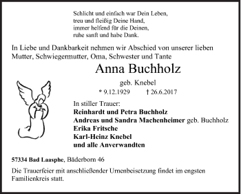 Traueranzeige von Anna Buchholz von Siegener Zeitung