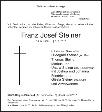 Traueranzeige von Franz Josef Steiner von Siegener Zeitung