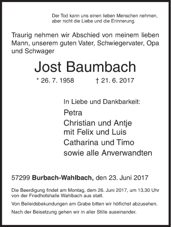 Traueranzeige von Jost Baumbach von Siegener Zeitung