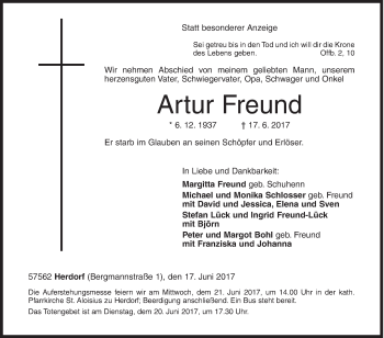 Traueranzeige von Artur Freund von Siegener Zeitung