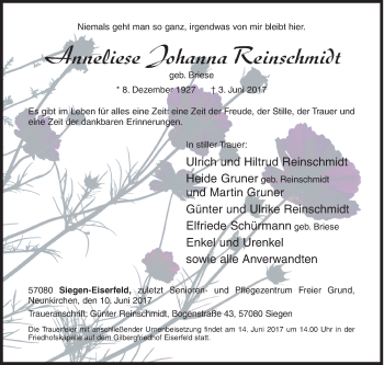 Traueranzeige von Anneliese Johanna Reinschmidt von Siegener Zeitung