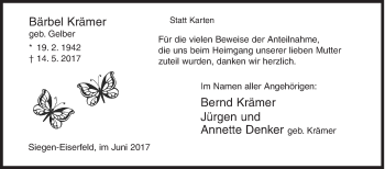 Traueranzeige von Bärbel Krämer von Siegener Zeitung