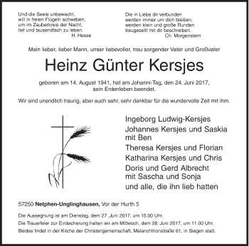 Traueranzeige von Heinz Günter Kersjes von Siegener Zeitung