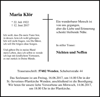 Traueranzeige von Maria Klör von Siegener Zeitung