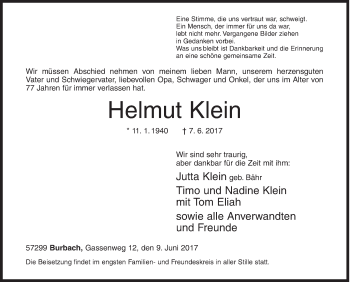 Traueranzeige von Helmut Klein von Siegener Zeitung