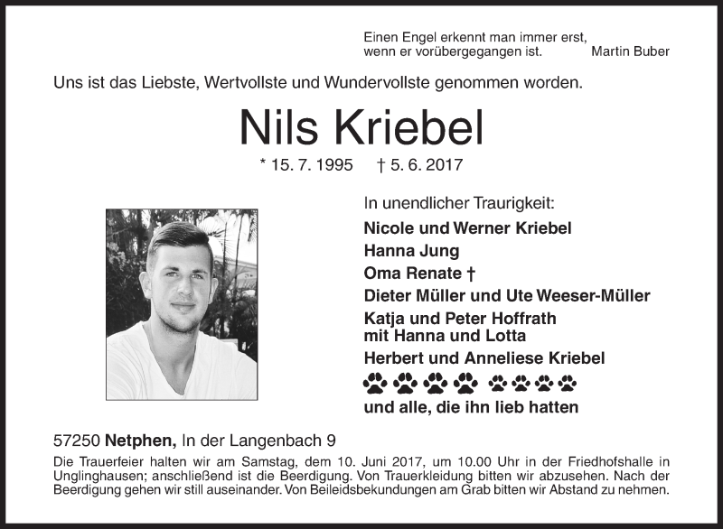  Traueranzeige für Nils Kriebel vom 08.06.2017 aus Siegener Zeitung
