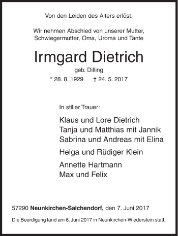 Traueranzeige von Irmgard Dietrich von Siegener Zeitung