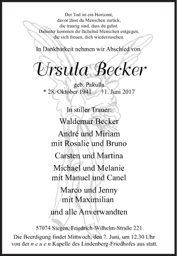 Traueranzeige von Ursula Becker von Siegener Zeitung