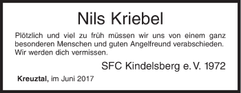 Traueranzeige von Nils Kriebel von Siegener Zeitung