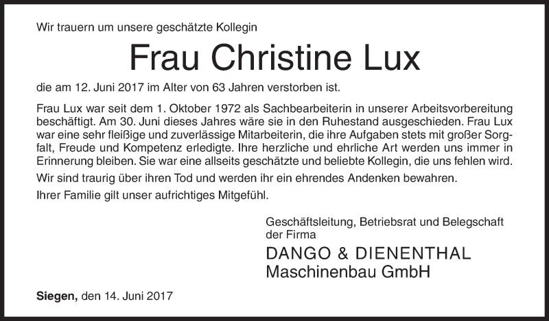  Traueranzeige für Christine Lux vom 14.06.2017 aus Siegener Zeitung