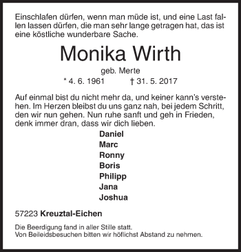 Traueranzeige von Monika Wirth von Siegener Zeitung