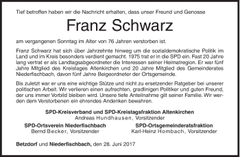 Traueranzeige von Franz Schwarz von Siegener Zeitung