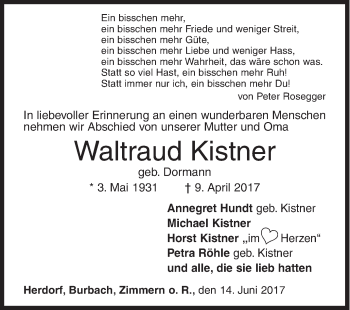 Traueranzeige von Waltraud Kistner von Siegener Zeitung