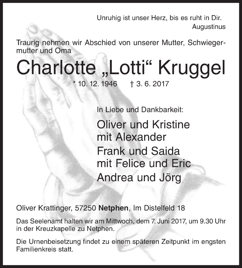  Traueranzeige für Charlotte Kruggel vom 06.06.2017 aus Siegener Zeitung