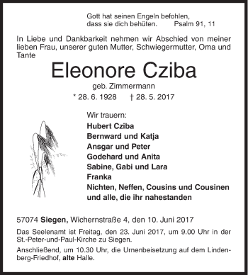 Traueranzeige von Eleonore Cziba von Siegener Zeitung