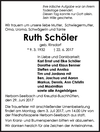 Traueranzeige von Ruth Schöler von Siegener Zeitung