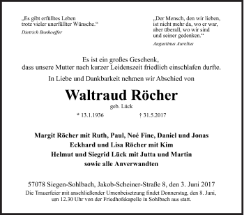 Traueranzeige von Waltraud Röcher von Siegener Zeitung