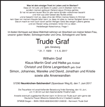 Traueranzeige von Trude Graf von Siegener Zeitung