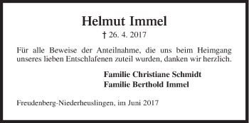 Traueranzeige von Helmut Immel von Siegener Zeitung