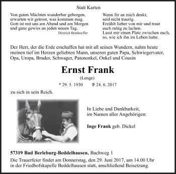 Traueranzeige von Ernst Frank von Siegener Zeitung